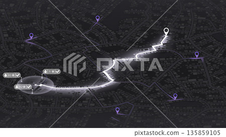 Isometric navigation map showing glowing white route and driver rating popups. Dark city grid with purple markers. Vector illustration. 135859105