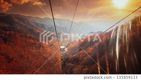 Sunset over Great Wall of China Mutianyu section with autumn foliage Sunset over Great Wall of China Mutianyu section with autumn foliage 135859113