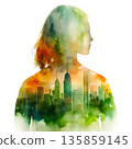 Girl in double exposure with city skyline and colorful background showing blend of nature and urban life 135859145