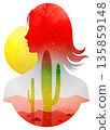 Double exposure art featuring a girl blending with a desert landscape and a bright sun in the background 135859148