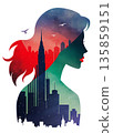 Double exposure artwork featuring a girl with a city skyline in her silhouette during twilight hours 135859151