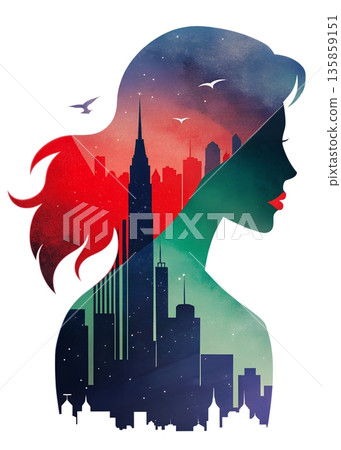 Double exposure artwork featuring a girl with a city skyline in her silhouette during twilight hours 135859151