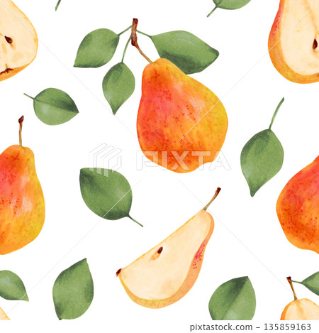 Watercolor seamless pattern with pears, slices, and leaves. Hand drawn isolated art. Vegetarian and organic food. Fruit background for packaging, textiles, fabric and seasonal projects Watercolor seamless pattern with pears, slices, and leaves. Hand drawn isolated art. Vegetarian and organic food. Fruit background for packaging, textiles, fabric and seasonal projects 135859163