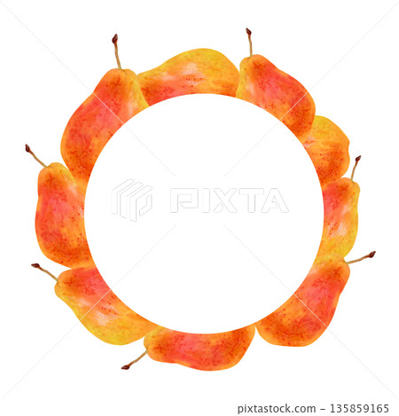 Round frame of yellow pears. Watercolor illustration. A wreath of juicy fruits with space for text. Hand drawn isolated art. Vegetarian products, organic food. For juice packaging and menu design Round frame of yellow pears. Watercolor illustration. A wreath of juicy fruits with space for text. Hand drawn isolated art. Vegetarian products, organic food. For juice packaging and menu design 135859165