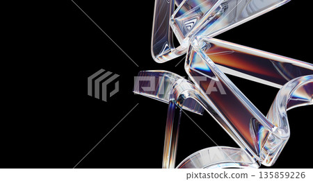 Abstract black 3d background with flying glass navigation arrows - transparent triangle shapes with rainbow light dispersion effect, color spectrum. Futuristic tech render banner. 3D illustration Abstract black 3d background with flying glass navigation arrows - transparent triangle shapes with rainbow light dispersion effect, color spectrum. Futuristic tech render banner. 3D illustration 135859226