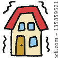 Hand-drawn illustration of a house shaking during an earthquake 135859521
