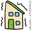 Hand-drawn illustration of a house shaking during an earthquake 135859522
