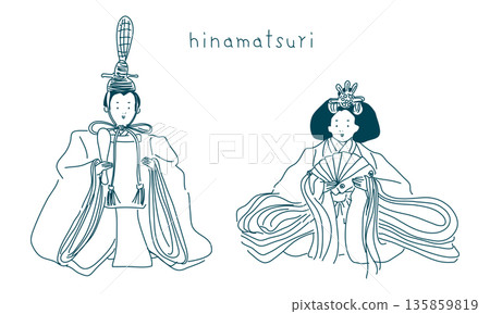 雛人偶（天皇與皇后）的草圖，透明線條畫 135859819