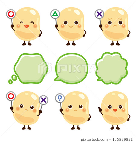 大豆人偶手持圓圈、圓形、三角形或三角形標籤 135859851