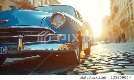 Classic Blue Car Gleaming on Cobblestone Street at Sunset, City 135859904