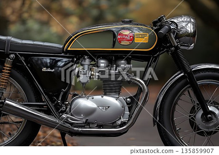 Classic Black and Gold Motorcycle Closeup, Detailed Engine Shot 135859907