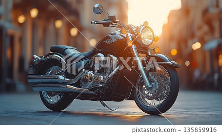 Gleaming black motorcycle parked on city street bathed in golden 135859916