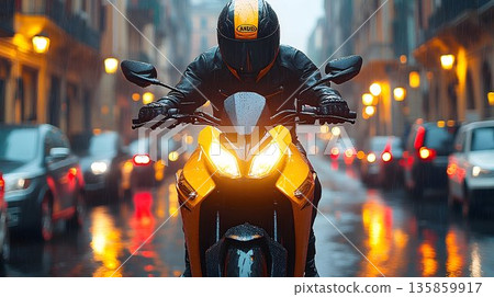 Rainy Night Rider: Yellow Motorcycle in City Traffic 135859917