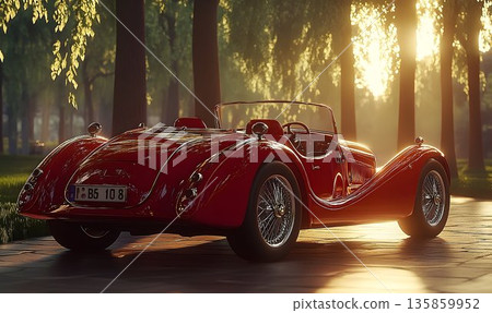 Gleaming red vintage roadster parked on a sunlit forest path, ev 135859952