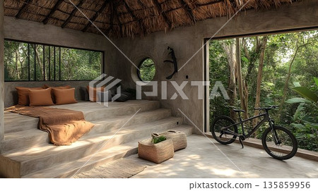 Tranquil Jungle Retreat: Sunlit Concrete Platform with Bicycle 135859956