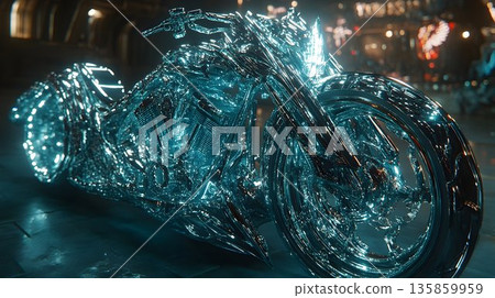 Chrome Motorcycle Gleaming Under City Lights, Futuristic Design 135859959