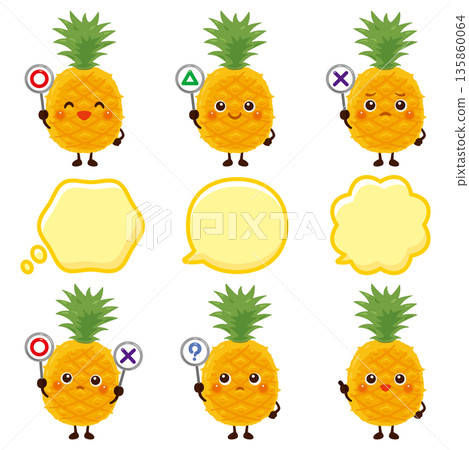 鳳梨角色插圖,手持圓形、圓形、三角形或三角形卡片 鳳梨角色插圖,手持圓形、圓形、三角形或三角形卡片 135860064