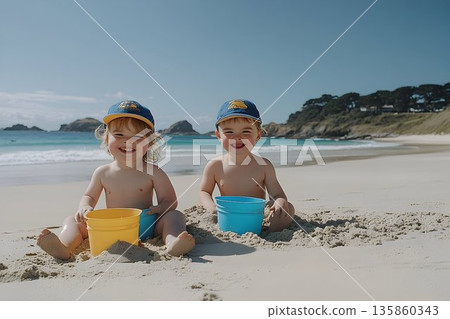 Twin Toddlers Joyfully Playing in Beach Sand with Buckets Twin Toddlers Joyfully Playing in Beach Sand with Buckets 135860343