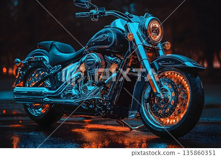 Nighttime Chrome Motorcycle with Orange Wheel Lights 135860351