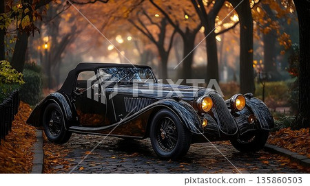 Classic Black Convertible Car on Cobblestone Road in Autumnal Se 135860503