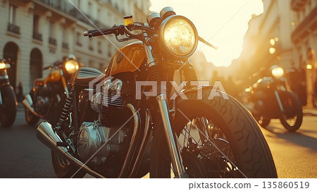 Golden Hour Motorcycle Ride: Classic Cafe Racer in City Streets 135860519