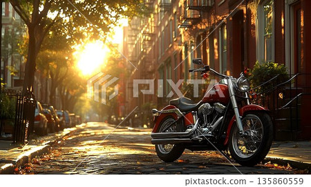 Red Motorcycle Gleaming in Golden Sunlight on Cobblestone Street 135860559