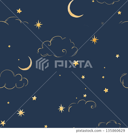 Whimsical night sky pattern with golden stars, moon and clouds on deep blue background. Magical dreamy illustration perfect for kids wallpaper, nursery decor, wrapping paper, textile prints, celestial Whimsical night sky pattern with golden stars, moon and clouds on deep blue background. Magical dreamy illustration perfect for kids wallpaper, nursery decor, wrapping paper, textile prints, celestial 135860629