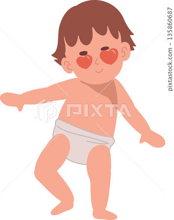 adorable toddler character with heart shaped eyes doing a playful dance 135860687