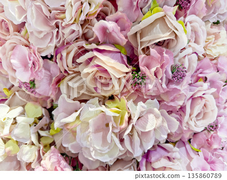 Floral wall decoration of pink and white artificial roses flowers Floral wall decoration of pink and white artificial roses flowers 135860789