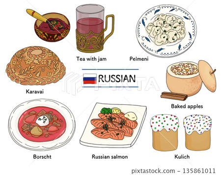 俄羅斯美食插畫集(白色背景)| 羅宋湯、俄式餃子、鮭魚、甜點 俄羅斯美食插畫集(白色背景)| 羅宋湯、俄式餃子、鮭魚、甜點 135861011