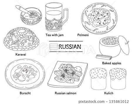 俄羅斯美食單色插畫套裝 | 羅宋湯、俄式餃子、鮭魚、甜點 俄羅斯美食單色插畫套裝 | 羅宋湯、俄式餃子、鮭魚、甜點 135861012