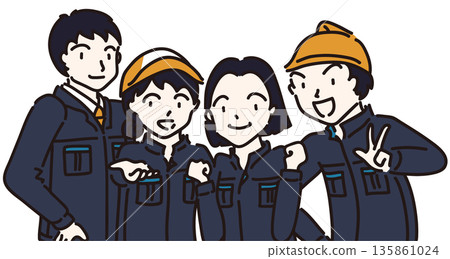 Illustration of men and women wearing work clothes lined up in navy blue uniforms Illustration of men and women wearing work clothes lined up in navy blue uniforms 135861024