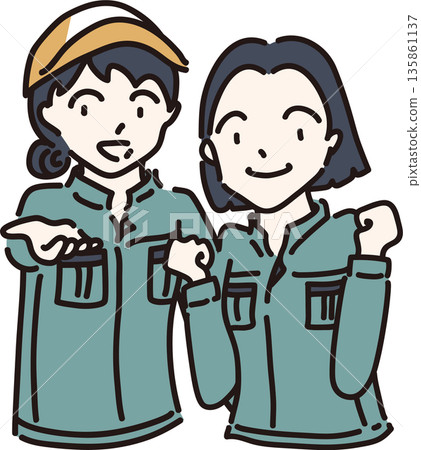 兩名身穿工作服（綠色制服）的女性的插圖 135861137