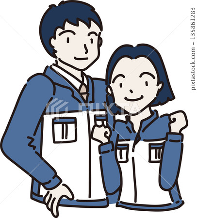 Illustration of men and women wearing work clothes Blue uniforms Illustration of men and women wearing work clothes Blue uniforms 135861283