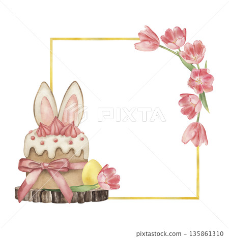 Easter frame with Easter cake on a wooden stand, pink tulip flowers and yellow egg. The illustration is hand-drawn in watercolor in a botanical style. For design of spring holiday, and postcards Easter frame with Easter cake on a wooden stand, pink tulip flowers and yellow egg. The illustration is hand-drawn in watercolor in a botanical style. For design of spring holiday, and postcards 135861310