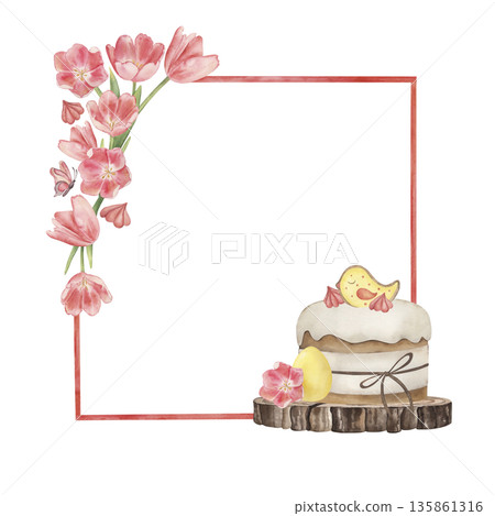 Watercolor Easter frame with festive cake decorated with yellow bird, pink meringue and brown bow on wood. Spring floral border with tulips, butterfly and golden egg. Holiday card white background Watercolor Easter frame with festive cake decorated with yellow bird, pink meringue and brown bow on wood. Spring floral border with tulips, butterfly and golden egg. Holiday card white background 135861316