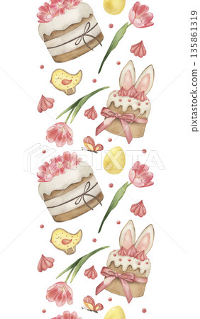 Hand-drawn watercolor Easter seamless vertical border with cakes, pink tulips, yellow birds and eggs. Beautiful hand-painted spring repeating pattern for stationery isolated on white background Hand-drawn watercolor Easter seamless vertical border with cakes, pink tulips, yellow birds and eggs. Beautiful hand-painted spring repeating pattern for stationery isolated on white background 135861319