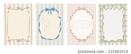 Vintage hand drawn ribbon frame background templates with bows on pastel striped and plaid patterns. Soft retro decorative borders for invitations, branding, spring design. Vector illustration. Vintage hand drawn ribbon frame background templates with bows on pastel striped and plaid patterns. Soft retro decorative borders for invitations, branding, spring design. Vector illustration. 135861619
