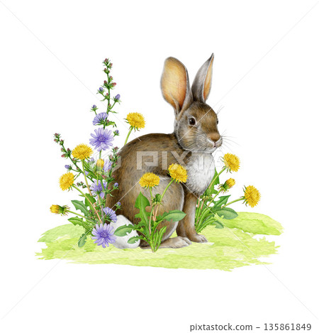 Hand drawn cute bunny with spring flowers. Easter mood vintage style cozy springtime watercolor illustration. Easter bunny with yellow dandelion and blue chicory flowers on white background Hand drawn cute bunny with spring flowers. Easter mood vintage style cozy springtime watercolor illustration. Easter bunny with yellow dandelion and blue chicory flowers on white background 135861849