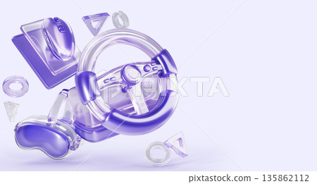 Transparent purple car steering wheel, vr headset, computer mouse and controller button symbols flying on 3d background. Video game web banner with glass hologram electronic gadgets. 3D illustration 135862112