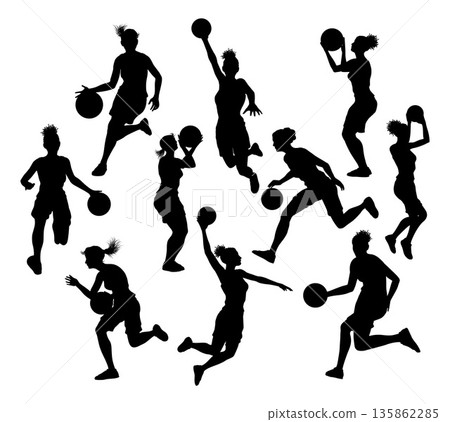 Silhouette Woman Female Basketball Player Set 135862285