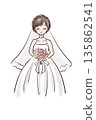 身著婚紗禮服的新娘手捧花束，閉著眼睛，正面照。 135862541