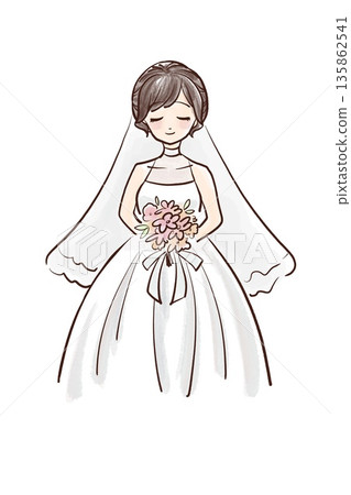 身著婚紗禮服的新娘手捧花束，閉著眼睛，正面照。 135862541