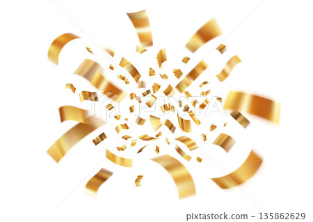 Golden confetti explosion with flying ribbons and serpentine streamers. Party decoration for birthday, anniversary, casino win celebration or holiday greeting card design. Festive flying elements Golden confetti explosion with flying ribbons and serpentine streamers. Party decoration for birthday, anniversary, casino win celebration or holiday greeting card design. Festive flying elements 135862629