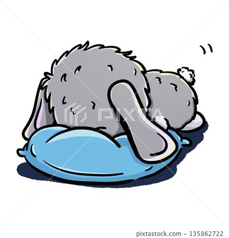 A cute grey rabbit sleeping on a blue pillow cartoon illustration A cute grey rabbit sleeping on a blue pillow cartoon illustration 135862722
