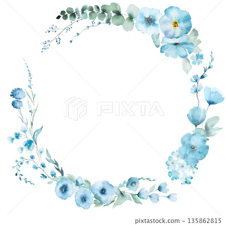 Frame with Watercolor light blue and turquoise flowers and leaves, pastel wedding isolated illustration 135862815