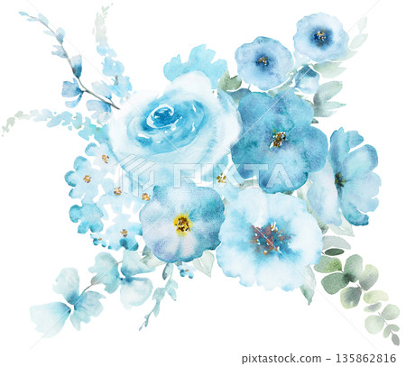 Bouquet with Watercolor light blue and turquoise flowers and leaves, pastel wedding isolated illustration Bouquet with Watercolor light blue and turquoise flowers and leaves, pastel wedding isolated illustration 135862816