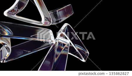 Liquid glass triangle 3d shapes flying on black background. Abstract bg with transparent arrow cursors, click pointers or navigation elements. Color spectrum design, dispersion effect. 3D illustration Liquid glass triangle 3d shapes flying on black background. Abstract bg with transparent arrow cursors, click pointers or navigation elements. Color spectrum design, dispersion effect. 3D illustration 135862827