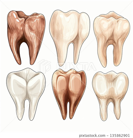 Illustration of Dental Health Molars in Various Shades Representing Tooth Decay Stages 135862901