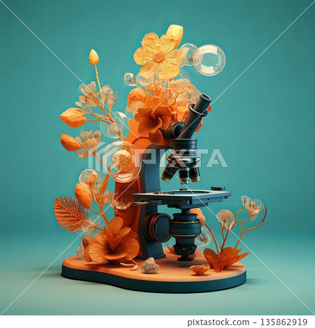Microscope Surrounded by Floral Elements A Blend of Science and Nature, Isolated on Blue 135862919